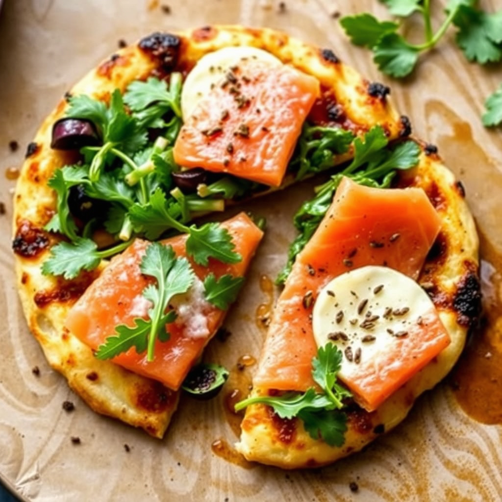 20-minutters grillet pizza med røkelaks og blandet grønt