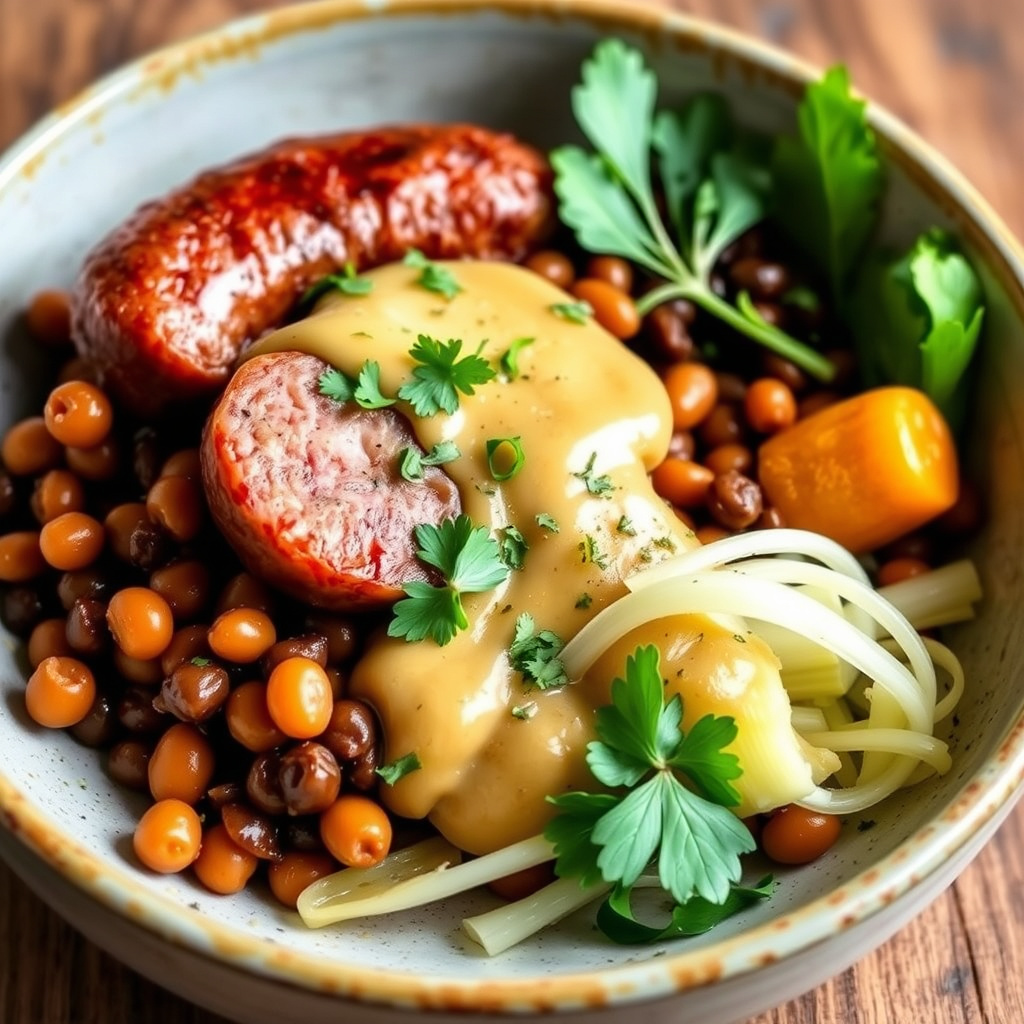 3-ingredienser pølsemiddag med linser og fennikel