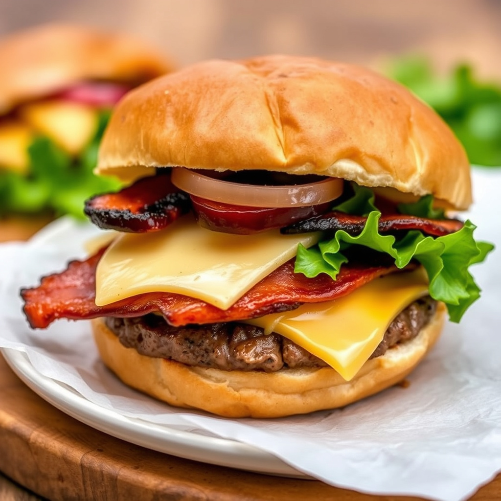 3-veis løkburger med eplevedbacon og lagret røkt cheddar på kaiserbrød