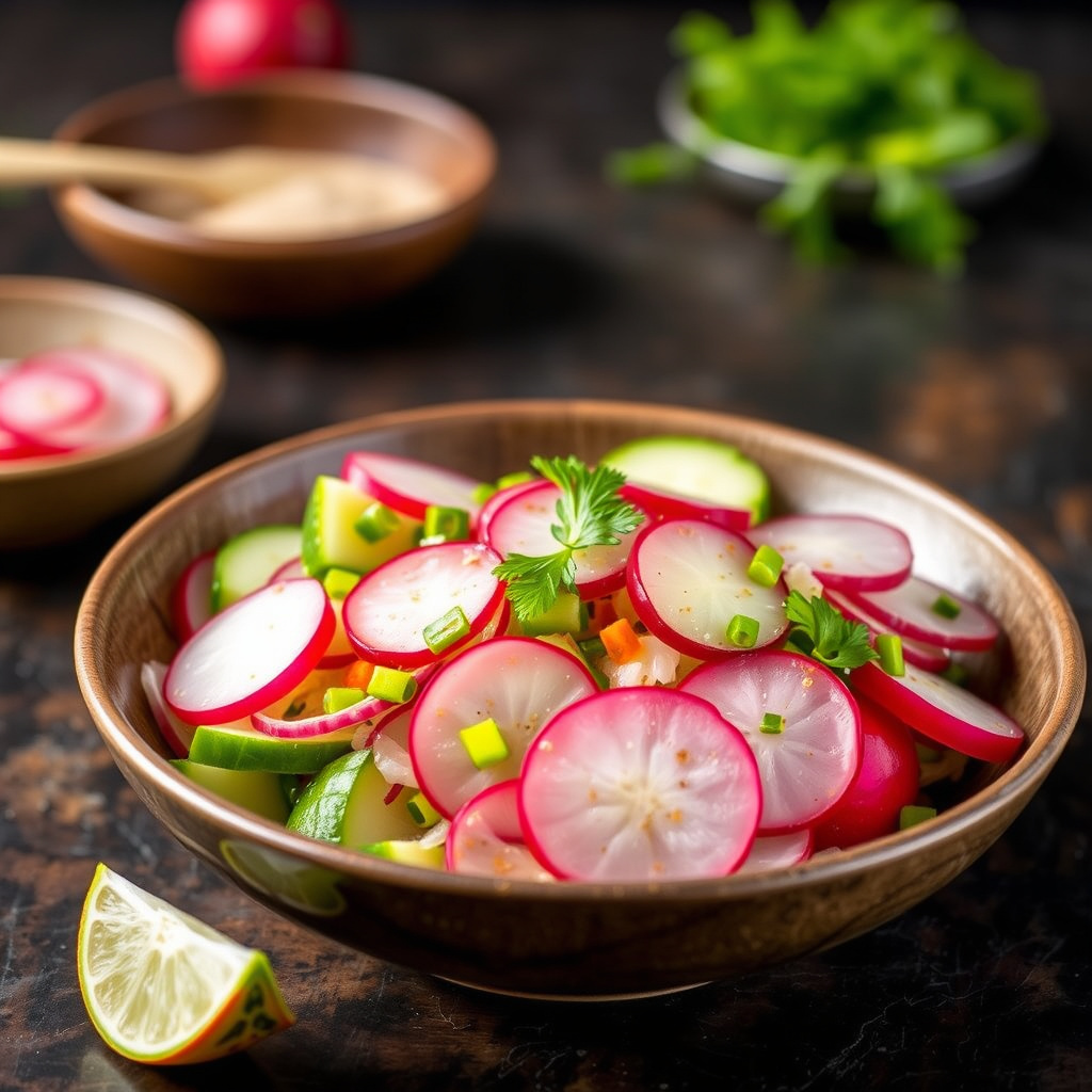 Agurksalat, reddik og vårløk med chili-lime dressing