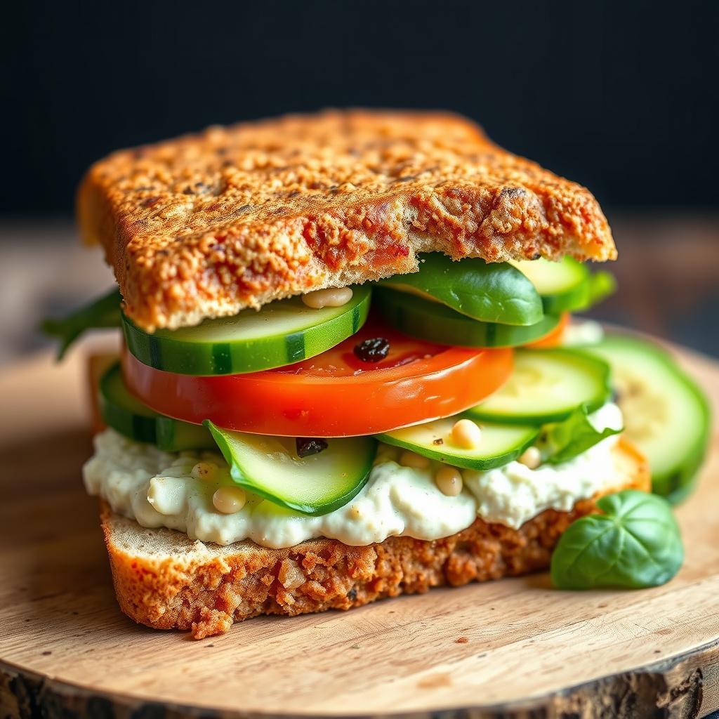 Agurksandwich og tomatsandwich med hvit bønne-hummus med hvitløk