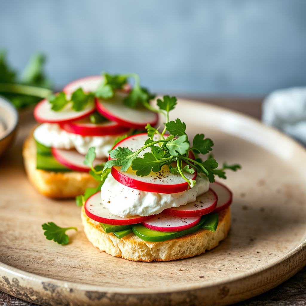 Agurksandwich, reddik og vannkresse med trøffelgeitost