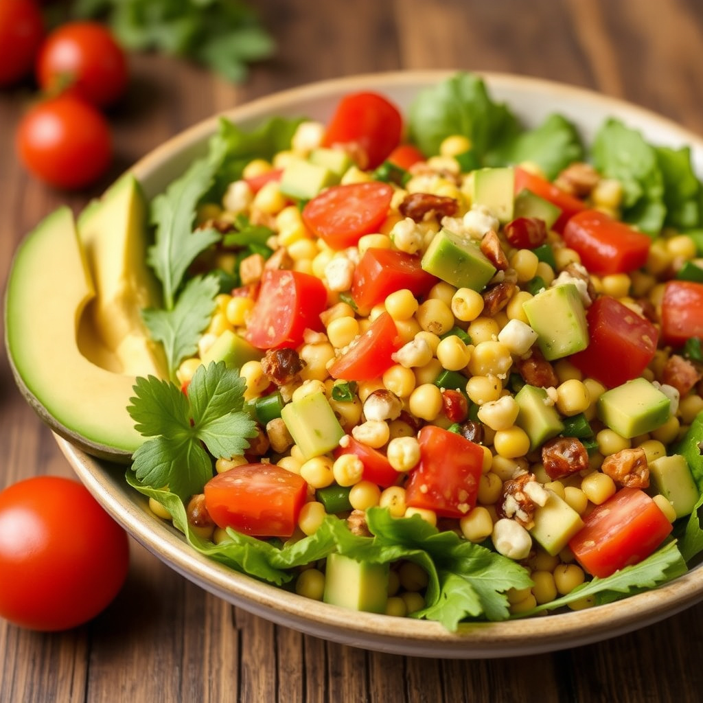 Aidas mais-, tomat- og avokadosalat