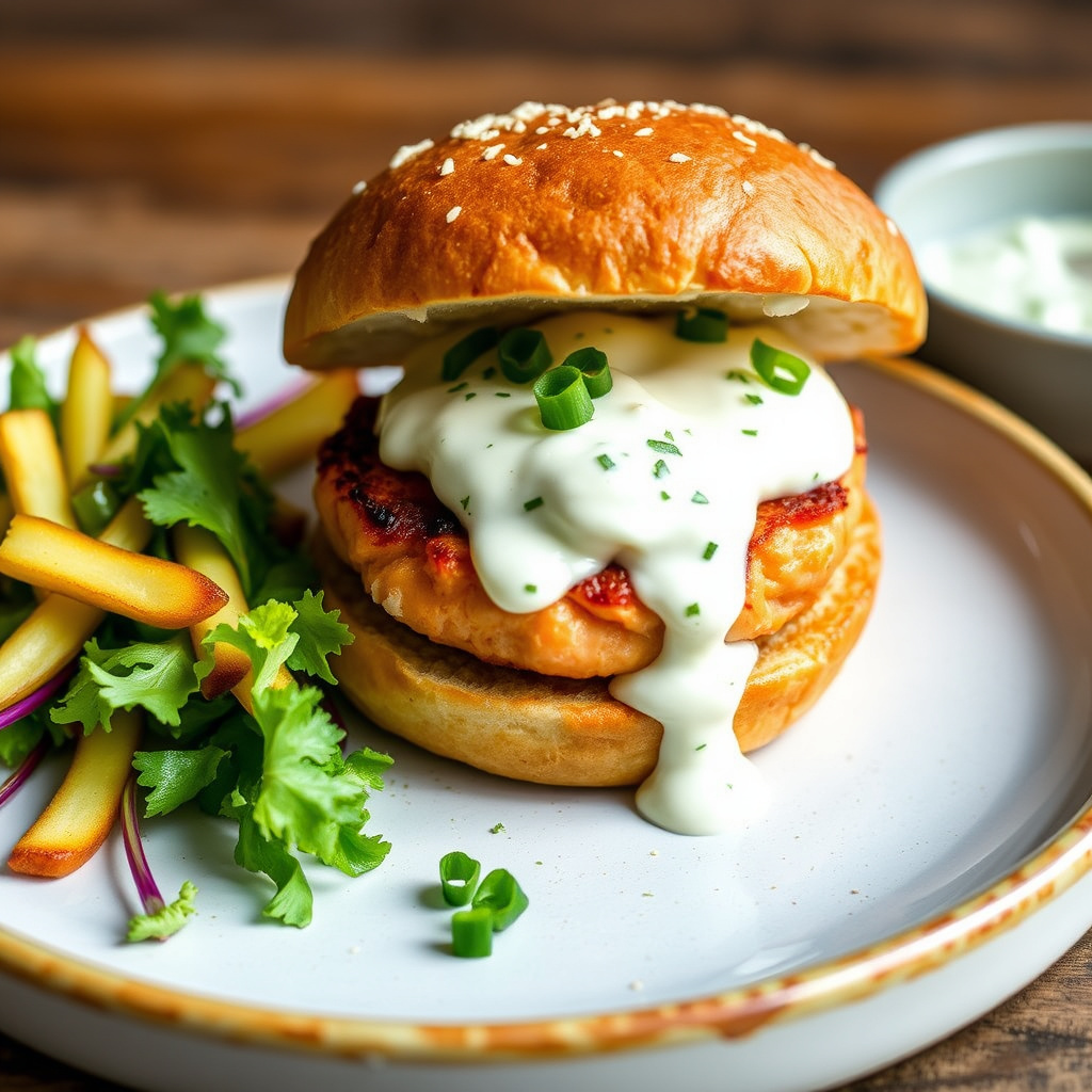 Altomslagslaksburgere med vårløk, rømme og kremostsaus