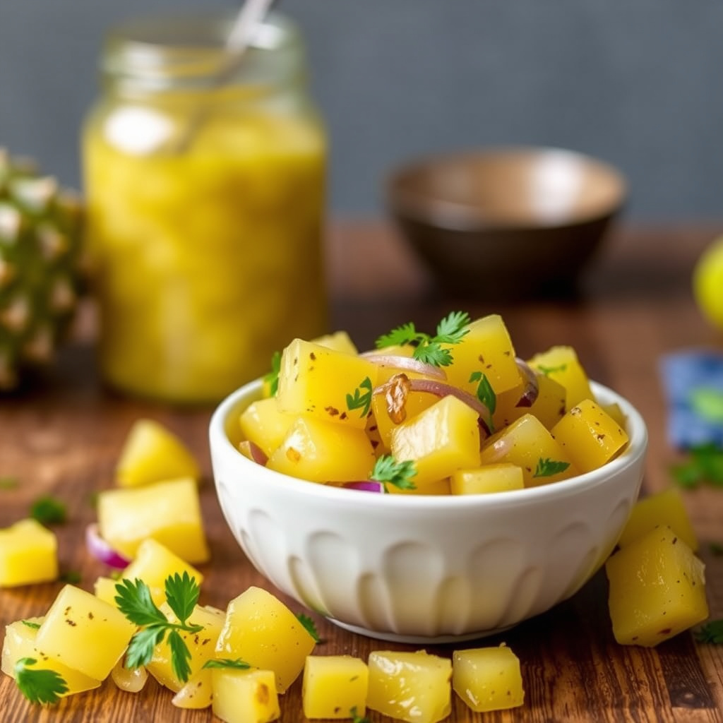 Ananas og grillede løk- og relisj