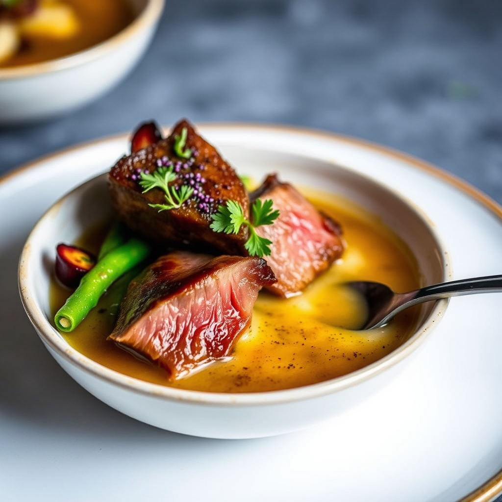 Andekraft og oksesjy, røkt and, foie gras-flan