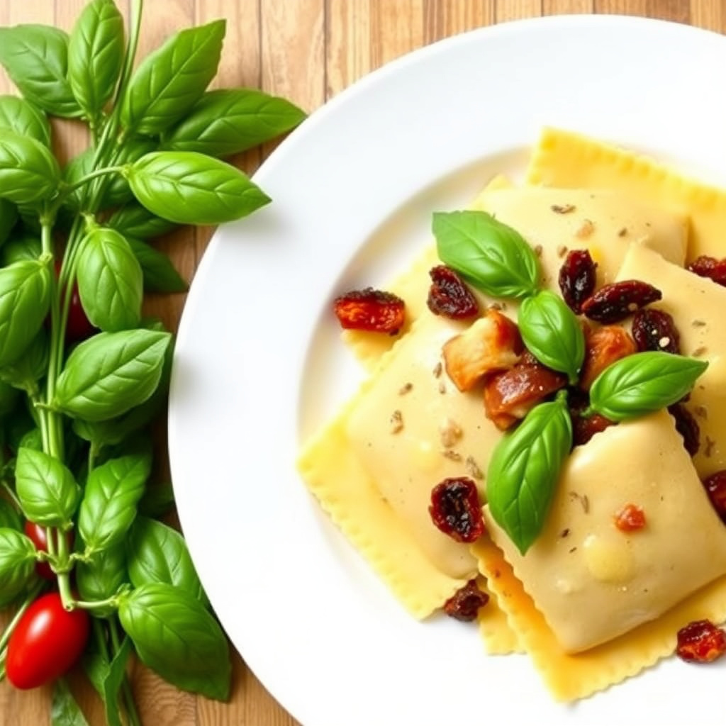 Andekrok og røkt ravioli med brunt smør, basilikum og soltørkede tomater
