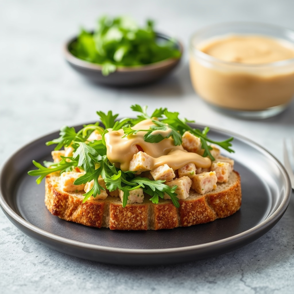Åpne tunfisk-smørbrød med ruccola og søt sylteagurtemajones
