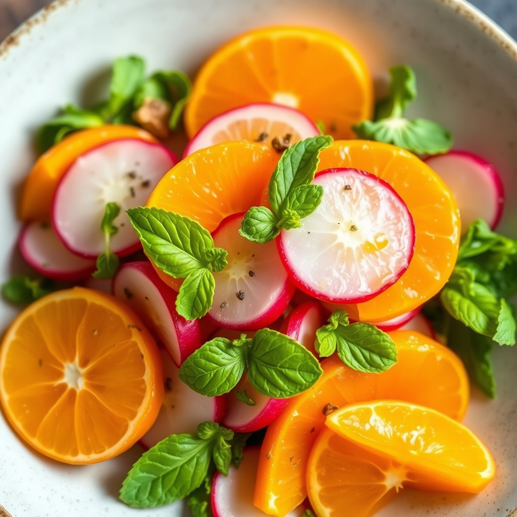 Frisk appelsin-, reddik- og myntesalat