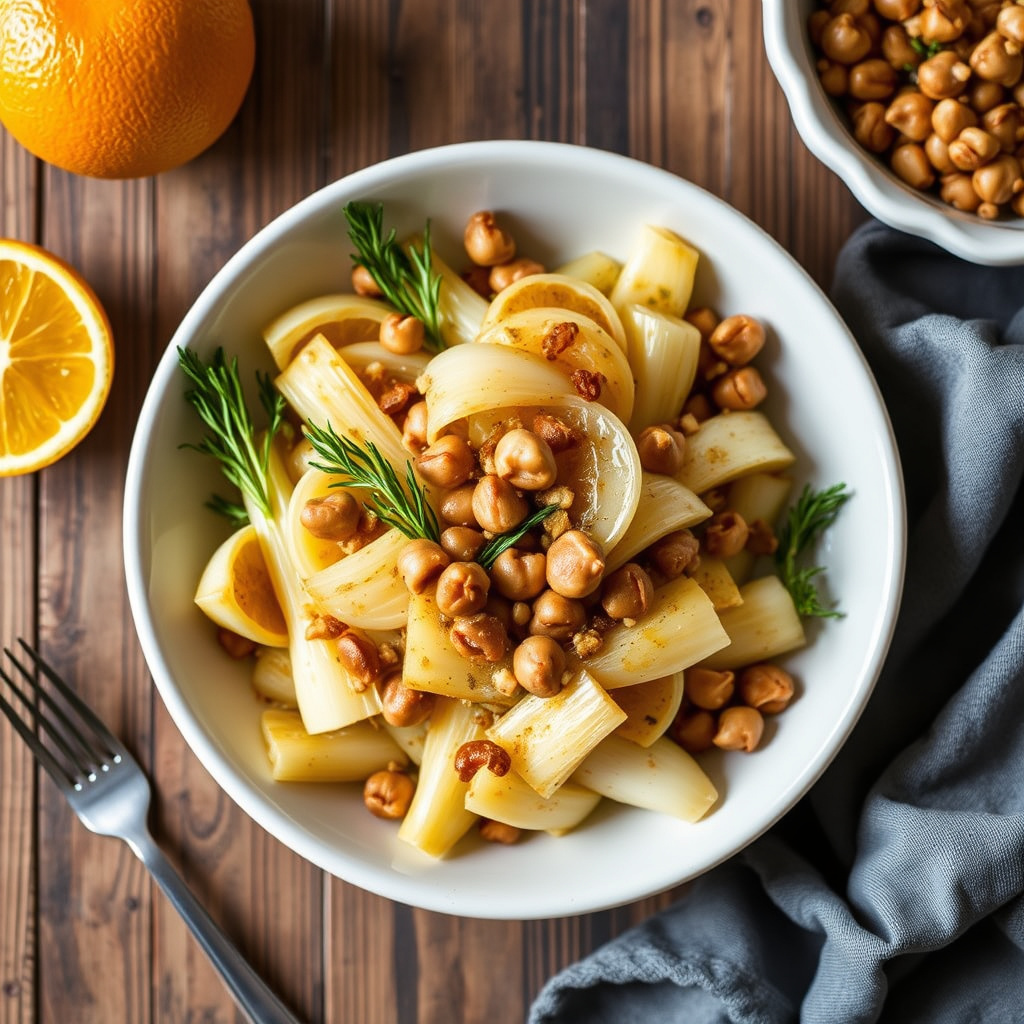 Appelsinglasert fennikel med ristede hasselnøtter