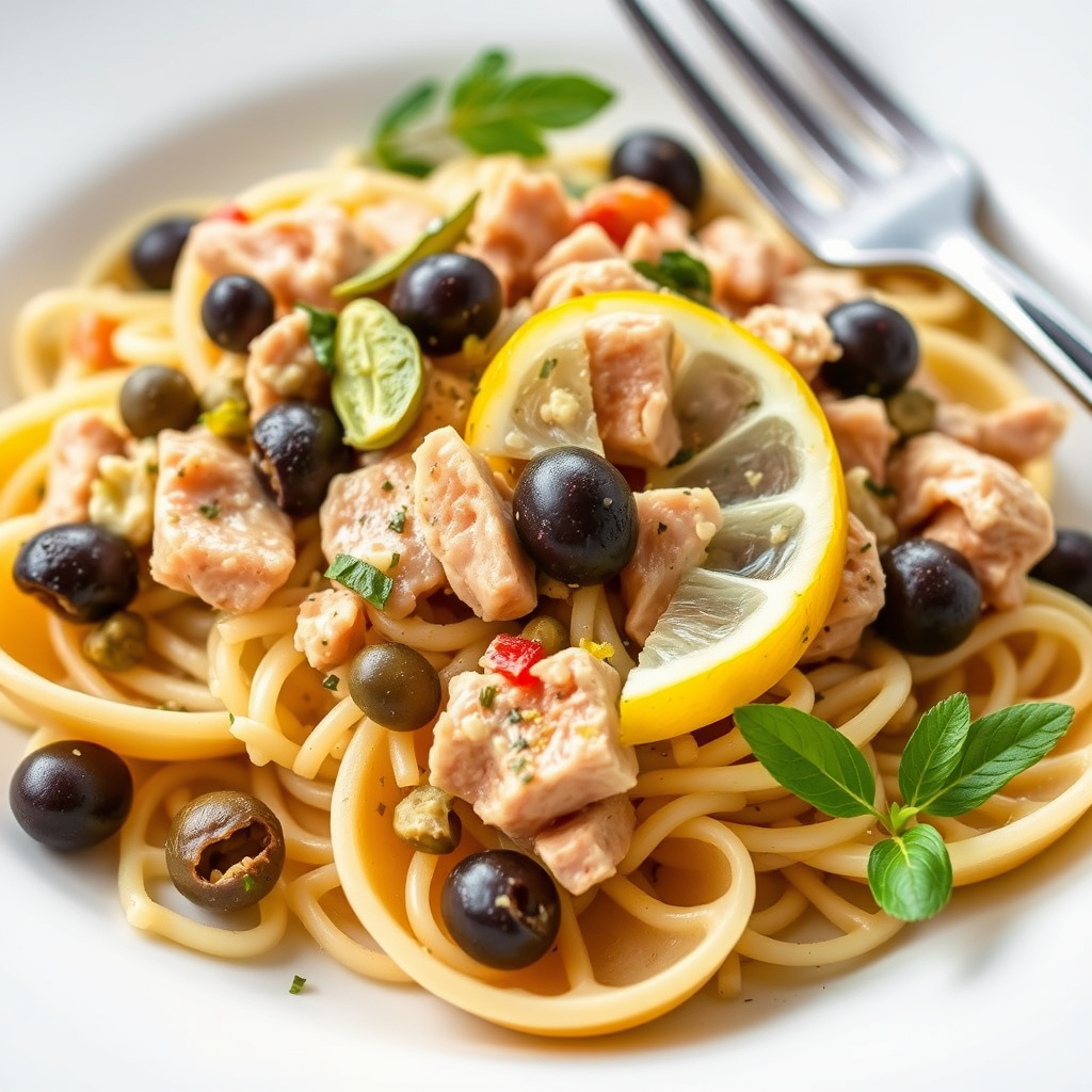 Artisjokker, kapers, oliven, sitronskall og italiensk tunfisk på pasta skjell