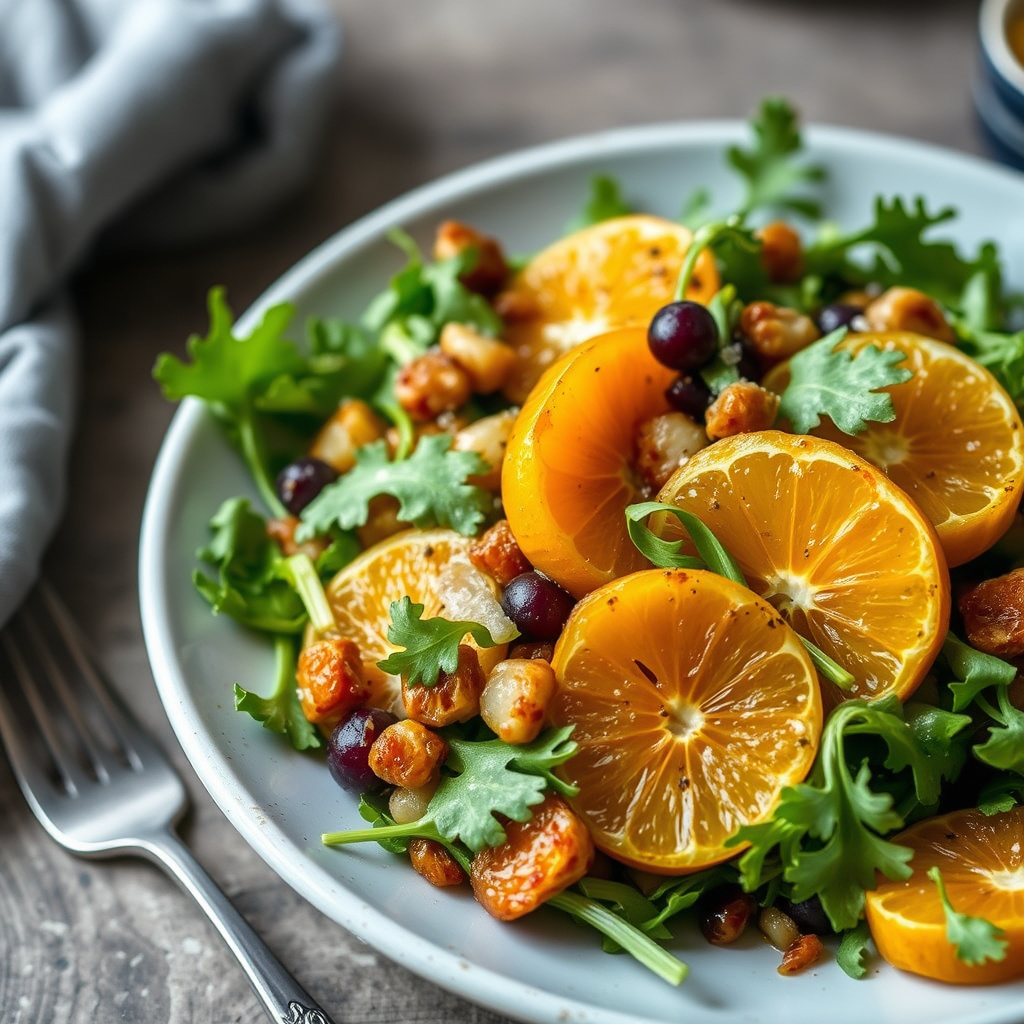 Arugolasalat med appelsiner og karamellisert fennikel