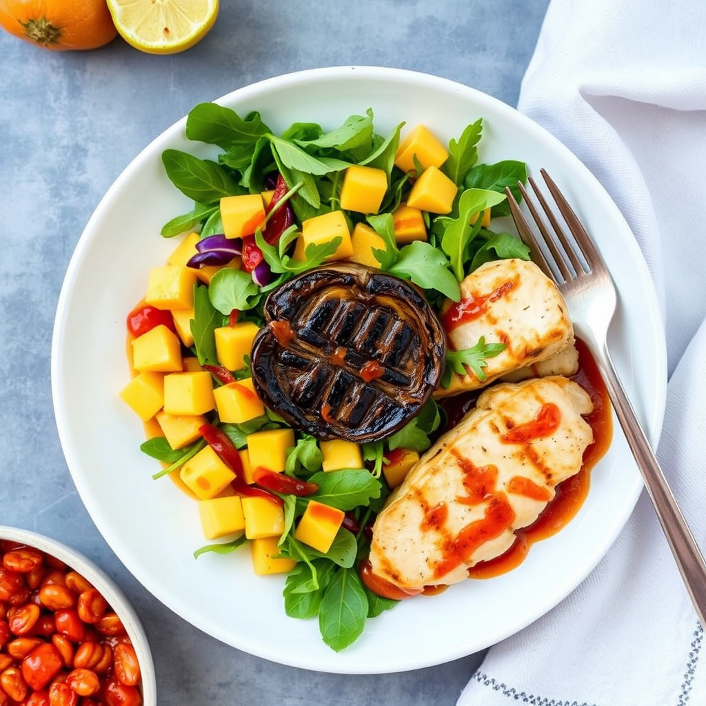 Arugolasalat med mango, grillet portobello, søt rød peppersaus og kyllingskiver