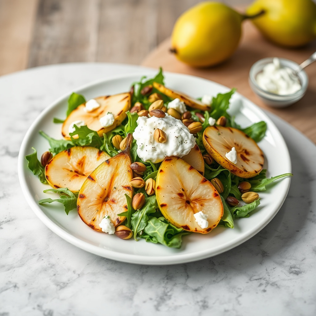 Ruccolasalat med grillede pærer, pistasj og ricotta salata