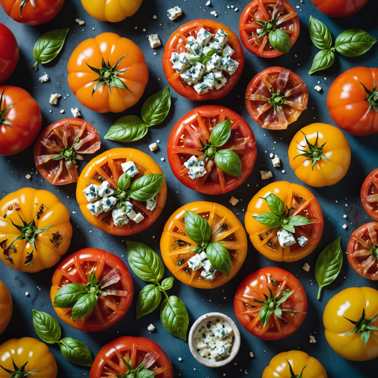 Arvegods-tomater med bacon, blåmuggost og basilikum