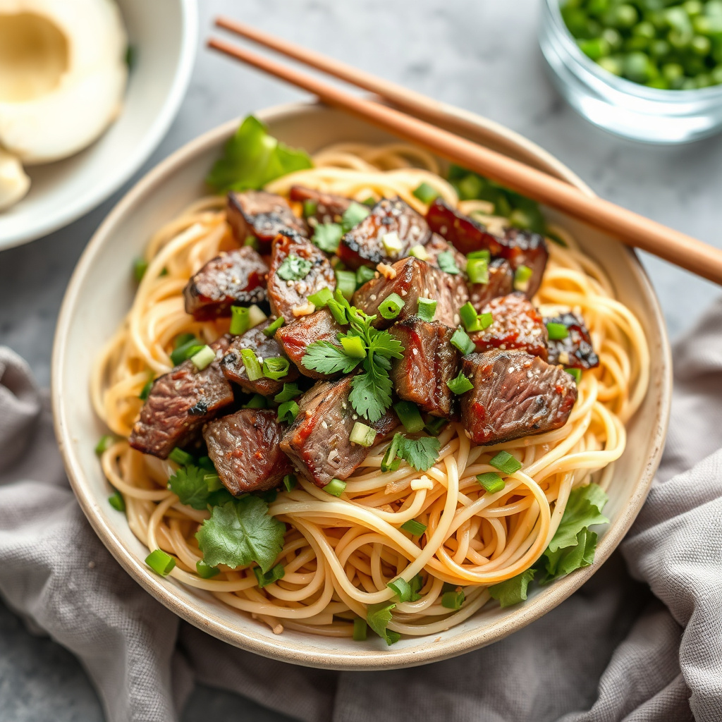 Asiatisk biff- og nudelsalat