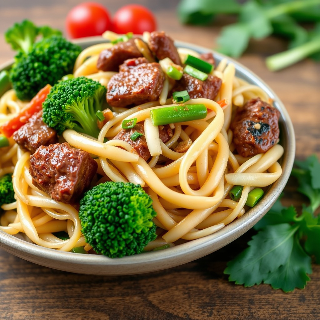 Asiatisk pastasalat med biff, brokkoli og bønnespirer