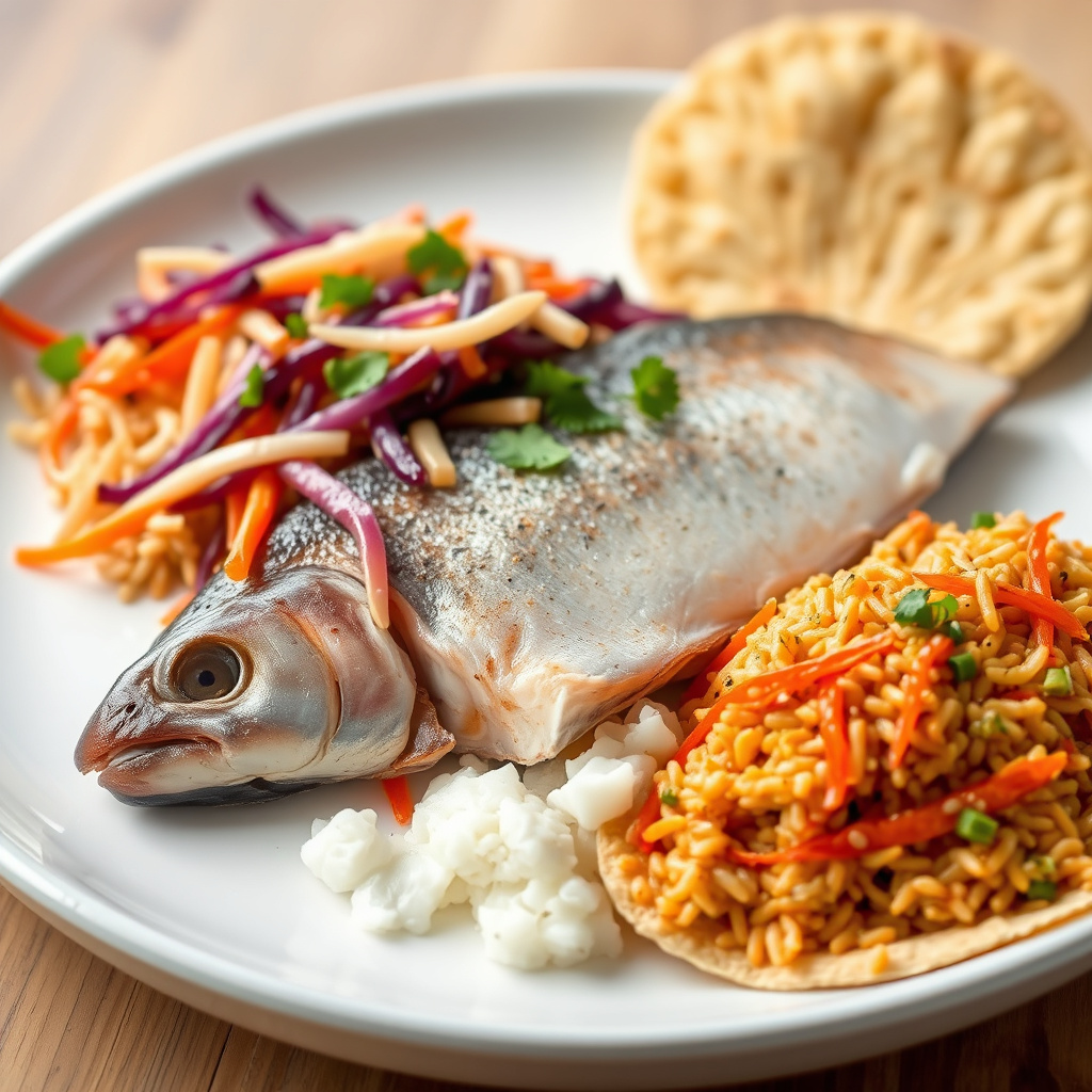 Asiatisk regnbueørret med visnet asiatisk kålsalat og asiatiske ris-timbaler