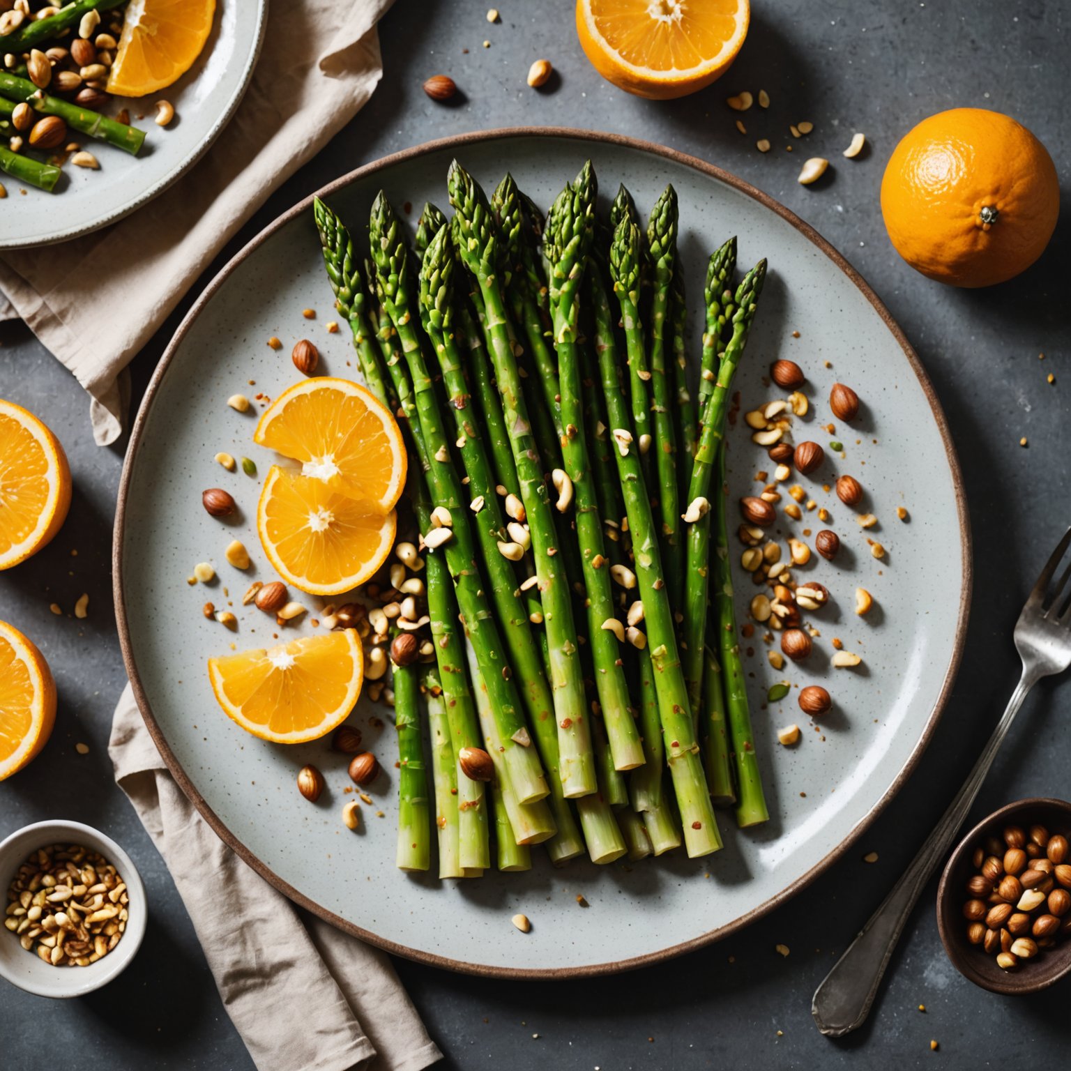 Asparges med appelsindressing og ristet hasselnøtt