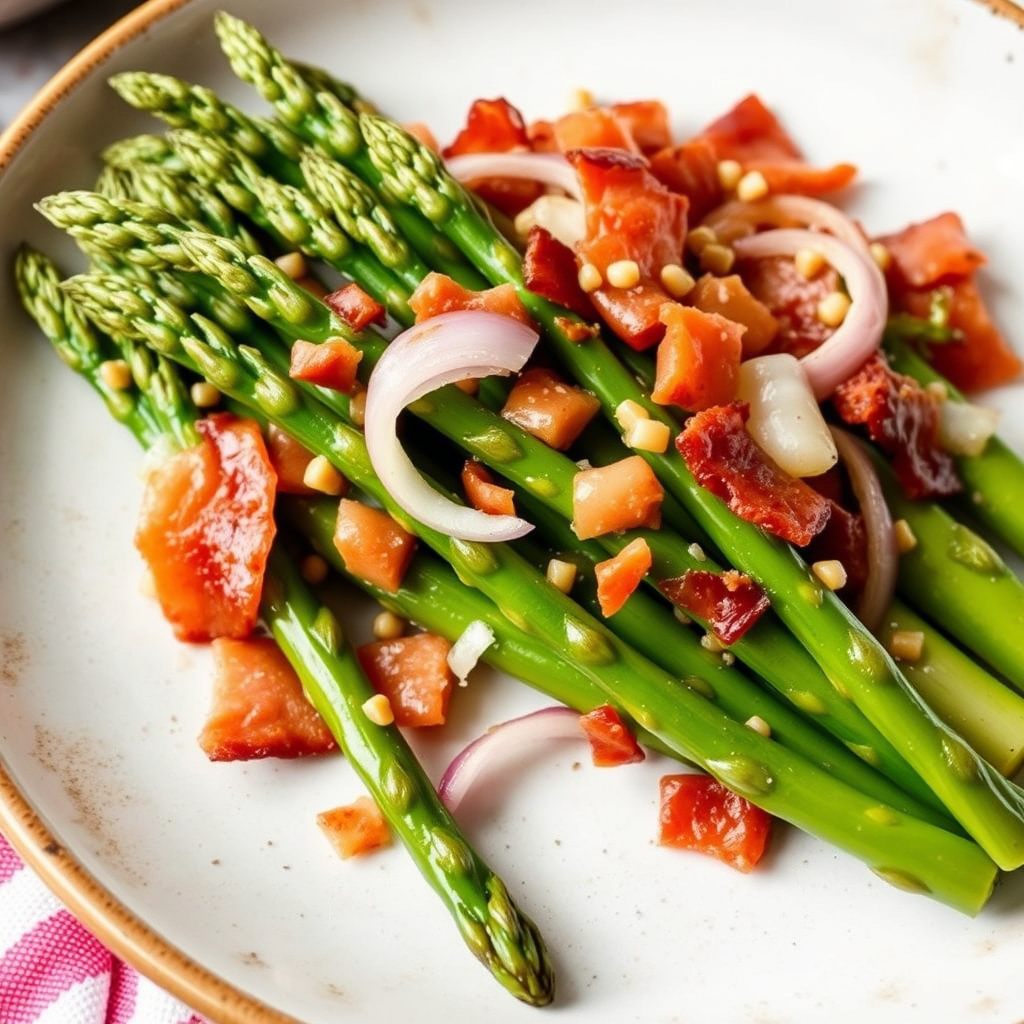 Asparges med sprøstekt bacon og løk