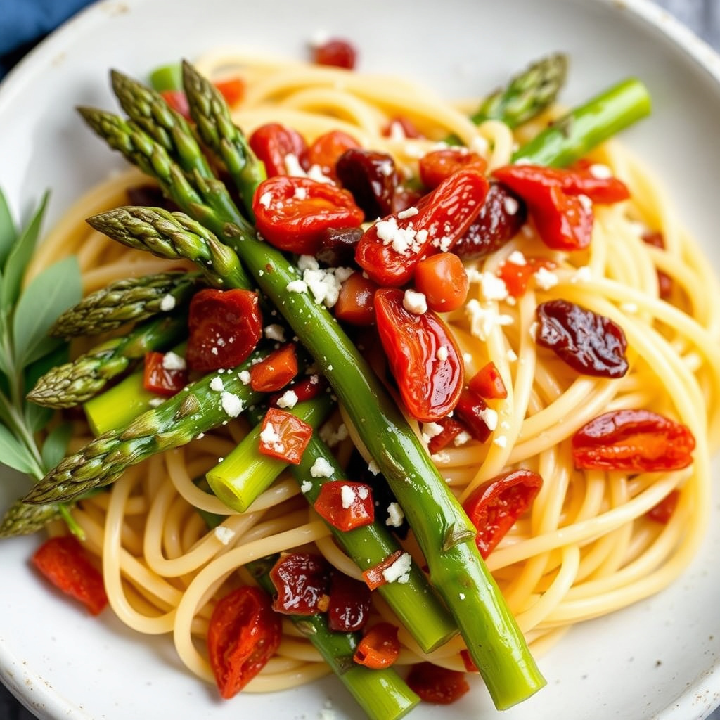 Asparges med soltørkede tomater over pasta