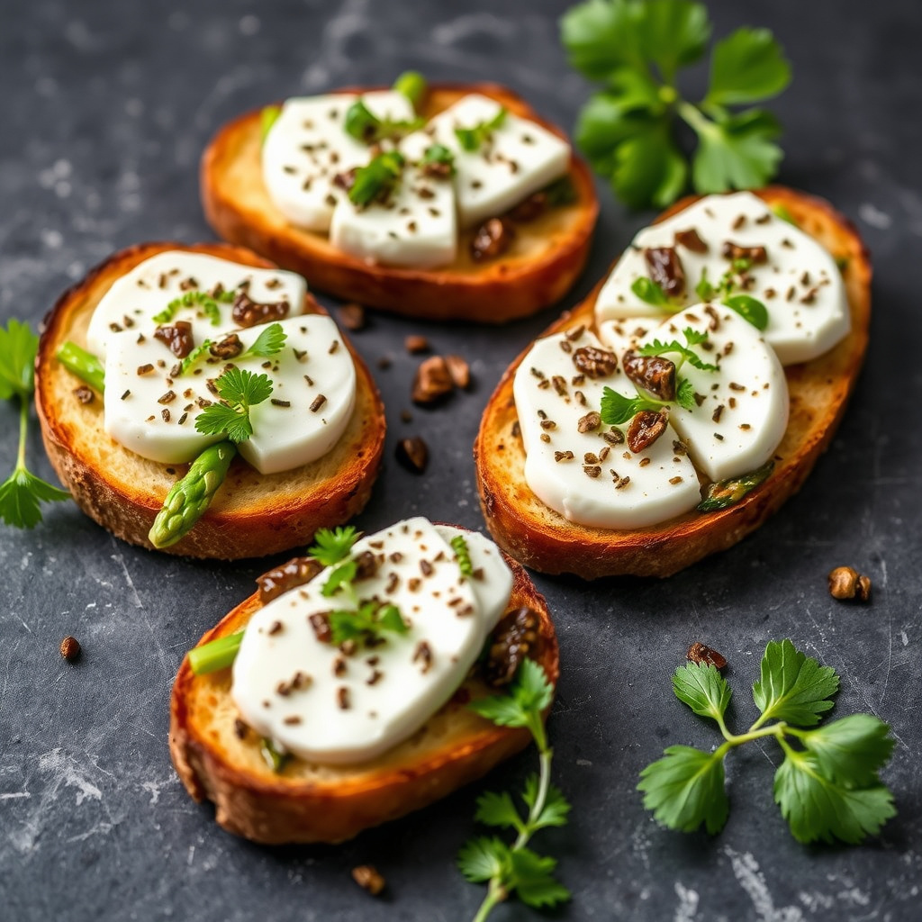 Asparges- og geitostbruschetta med porcini-vinaigrette