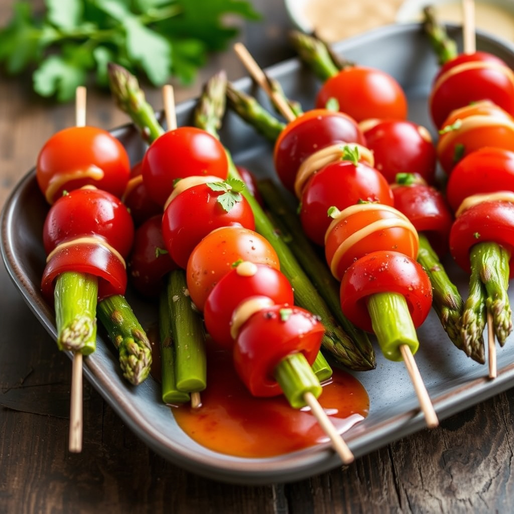 Asparges- og tomatskiver på spyd med honning- og senneps-hornbrissaus