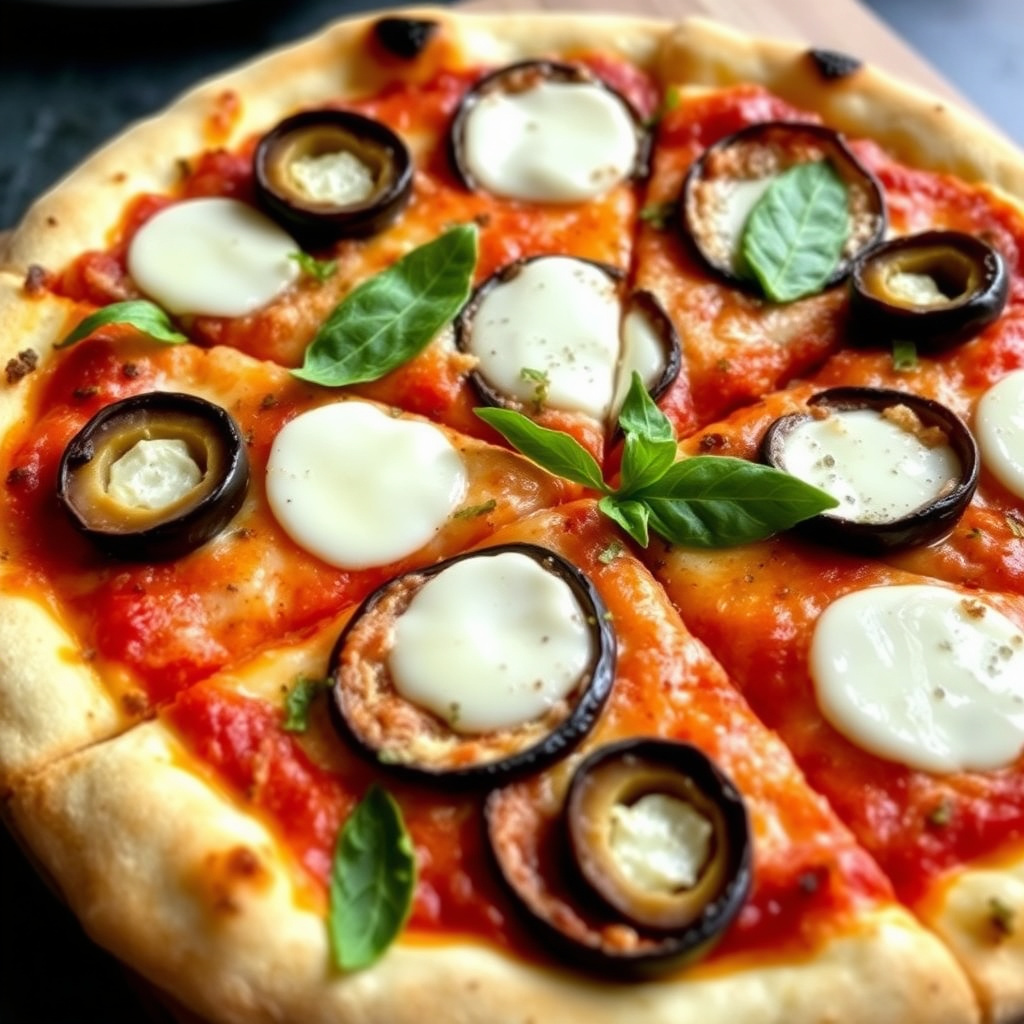 Aubergine-, grønn oliven- og provolonepizza