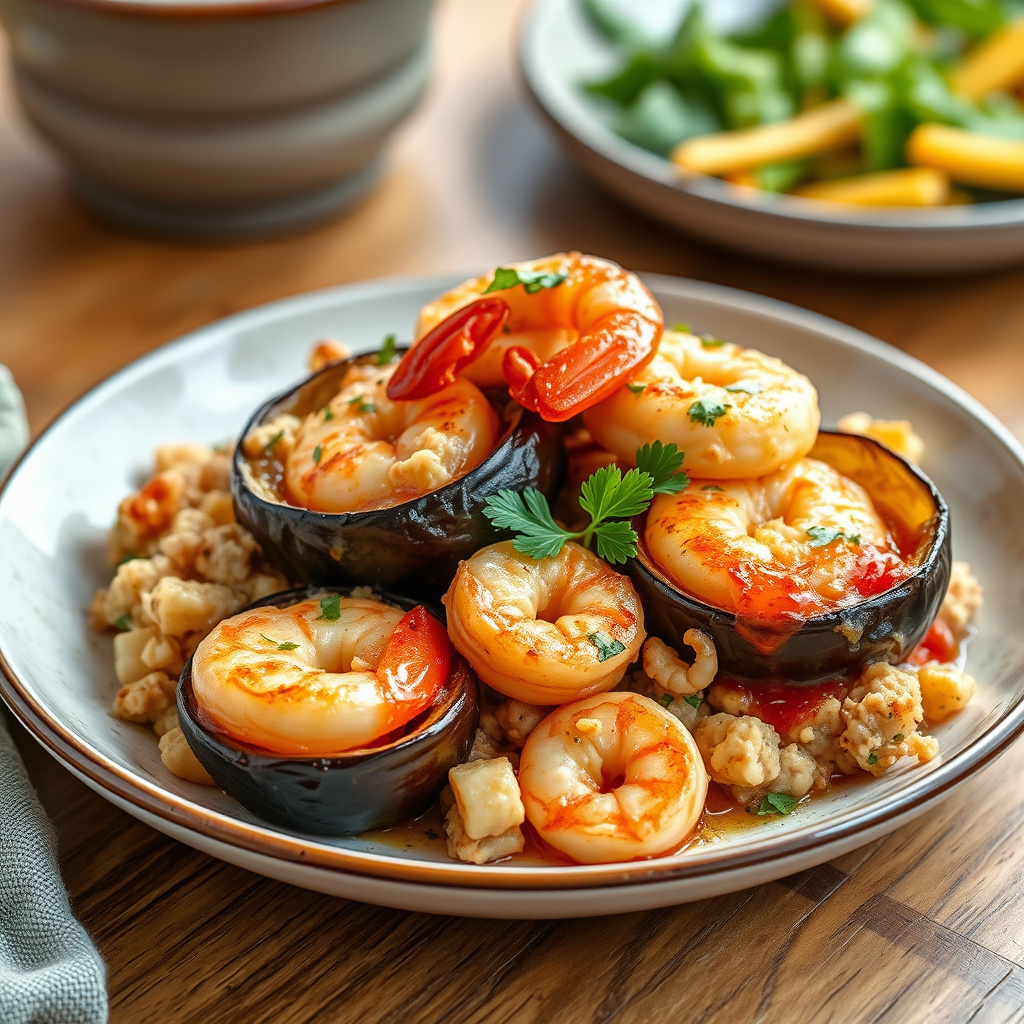 Aubergine-, krabbekjøtt- og rekecasserolle