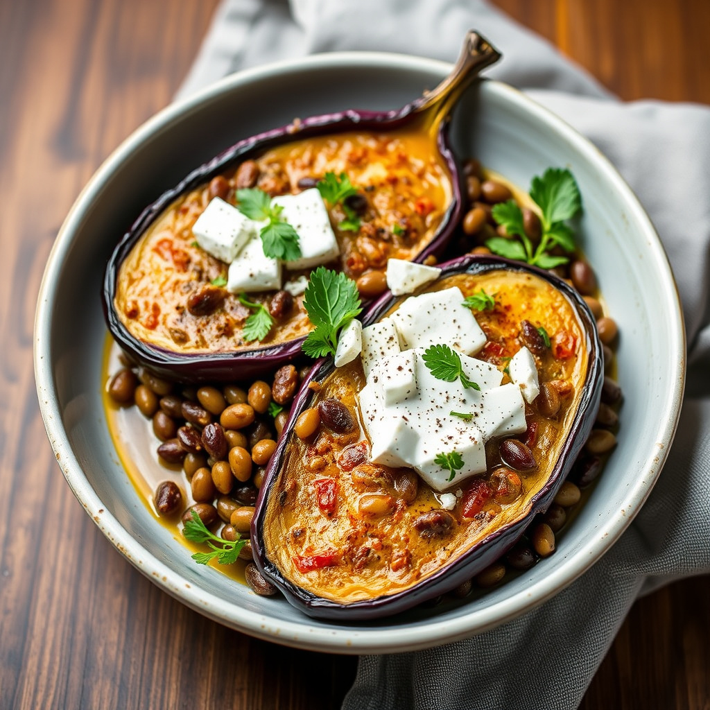 Aubergine med linser og geitost