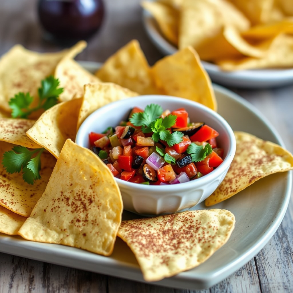 Aubergine- og paprika-salsa med cumin-ristede tortillachips