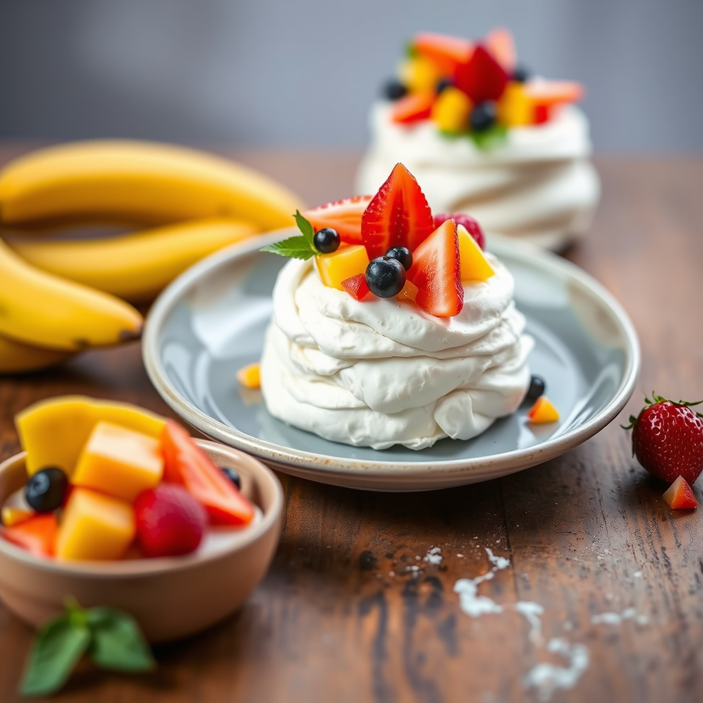 Australske Pavlovaer med ingefær og tropiske frukter