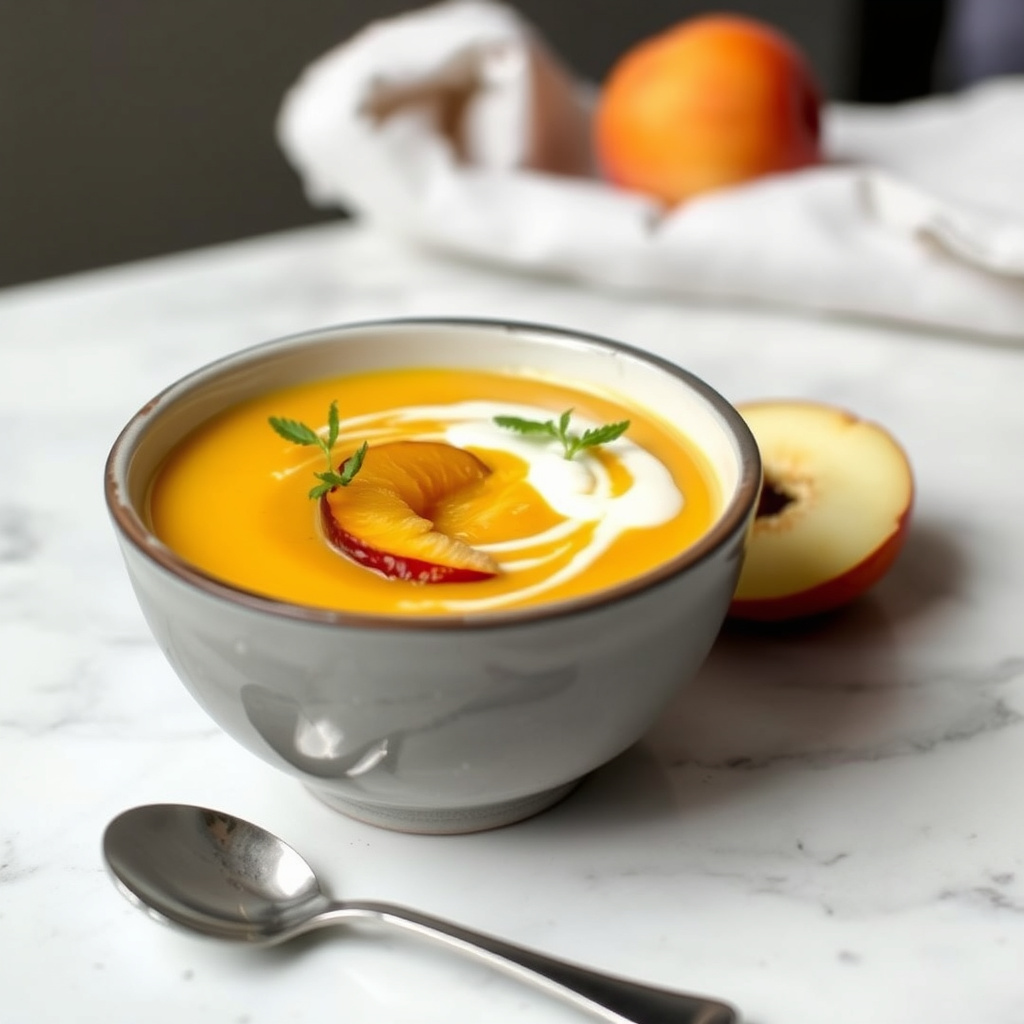 Avkjølt honningristet fersken- og kardemompsuppe med vaniljekrem
