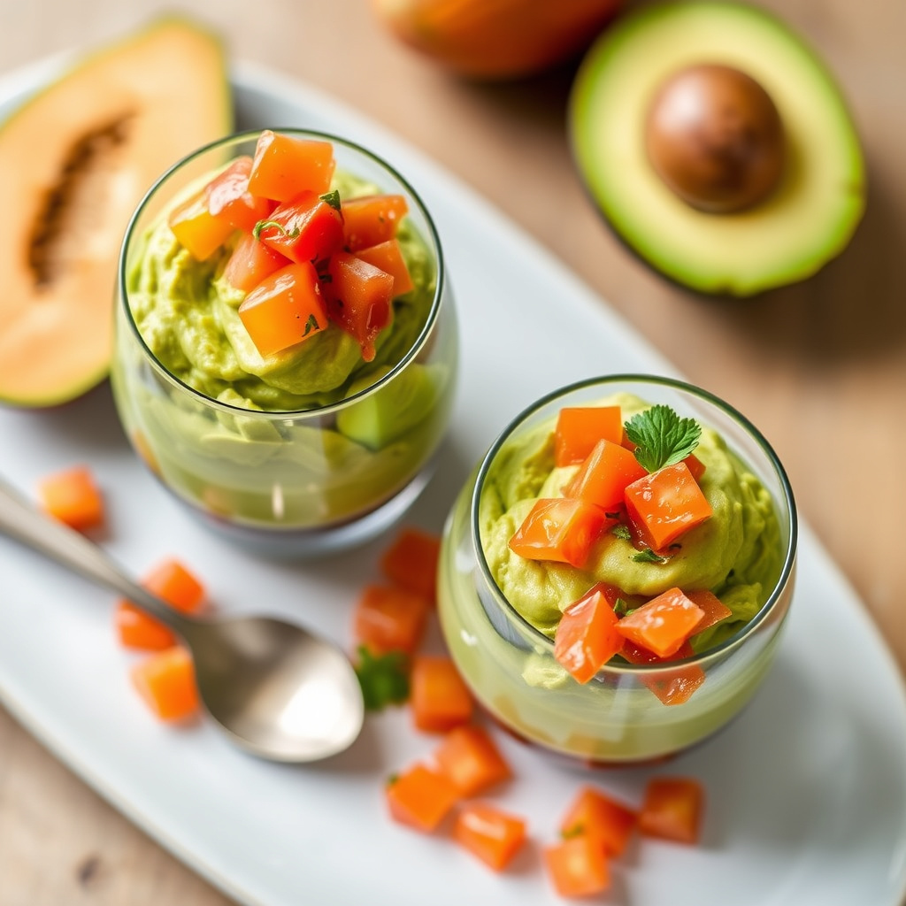 Avocadomousse med papaya- og tomatrelish