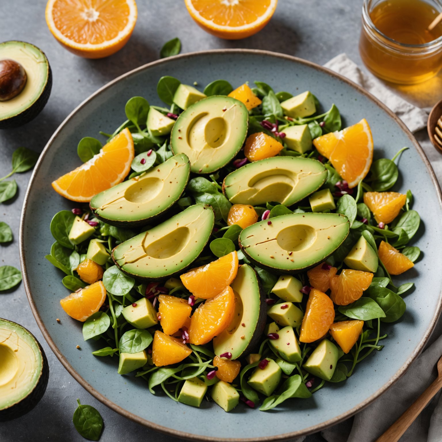 Avokado- og appelsinsalat med honning- og ingefærdressing