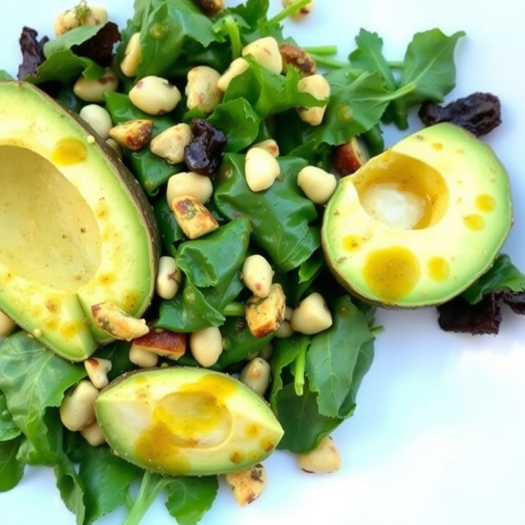 Avokado og krydrede grønnsaker med en pistasjoljevinaigrette