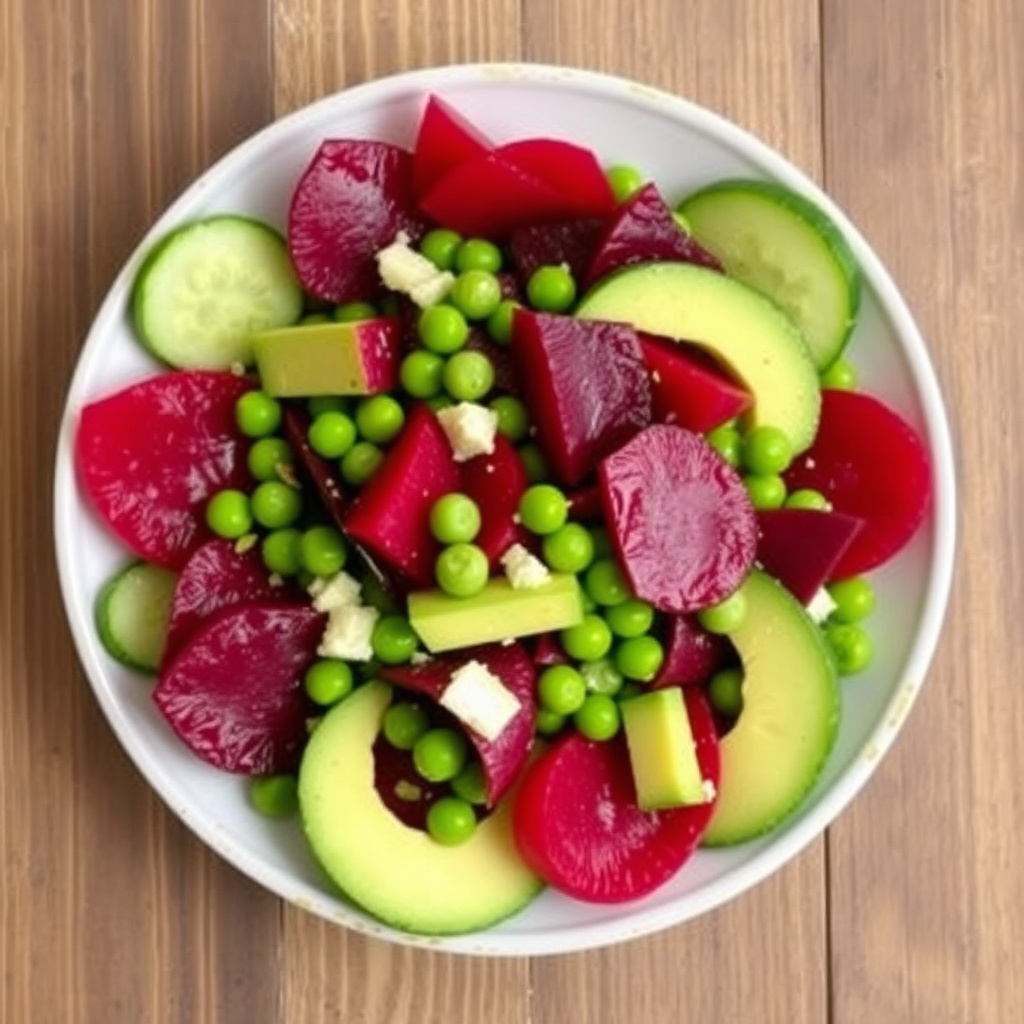 Avokado, rødbete, erte- og agurksalat
