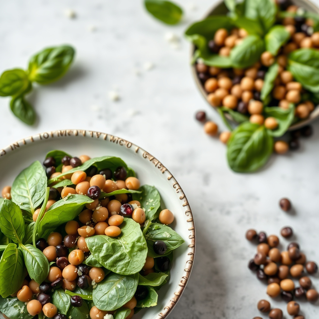 Babyspinat- og myntasalat med svarte øye-bønner