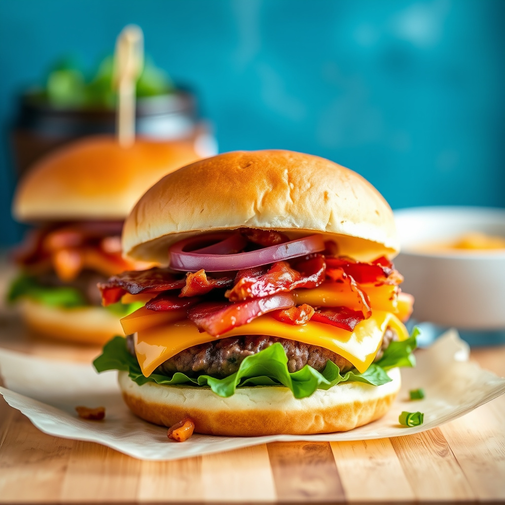 Bacon- og cheddarburgere med karamelliserte løk