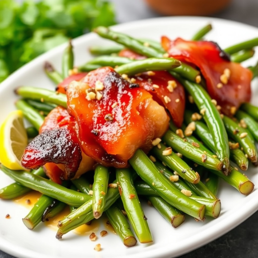 Baconinnbakte grønne bønner