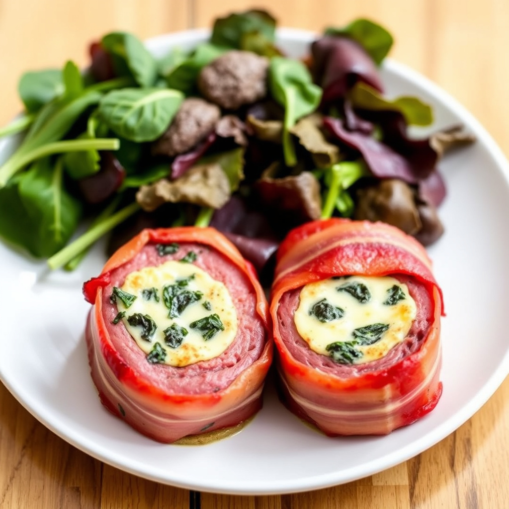 Baconinnbakte oksefiletsteiker med spinat og ostekaker
