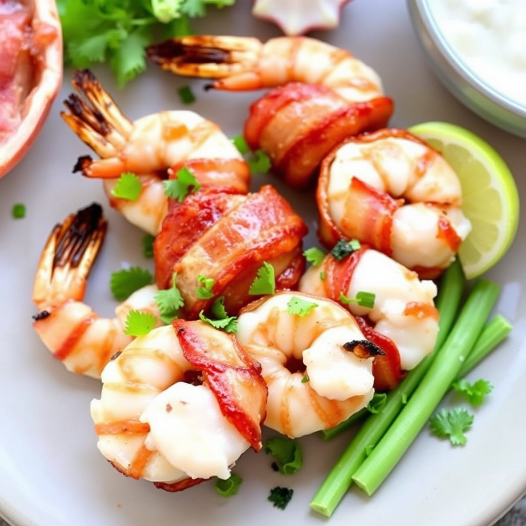 Baconinnpakket barbequeshrimp
