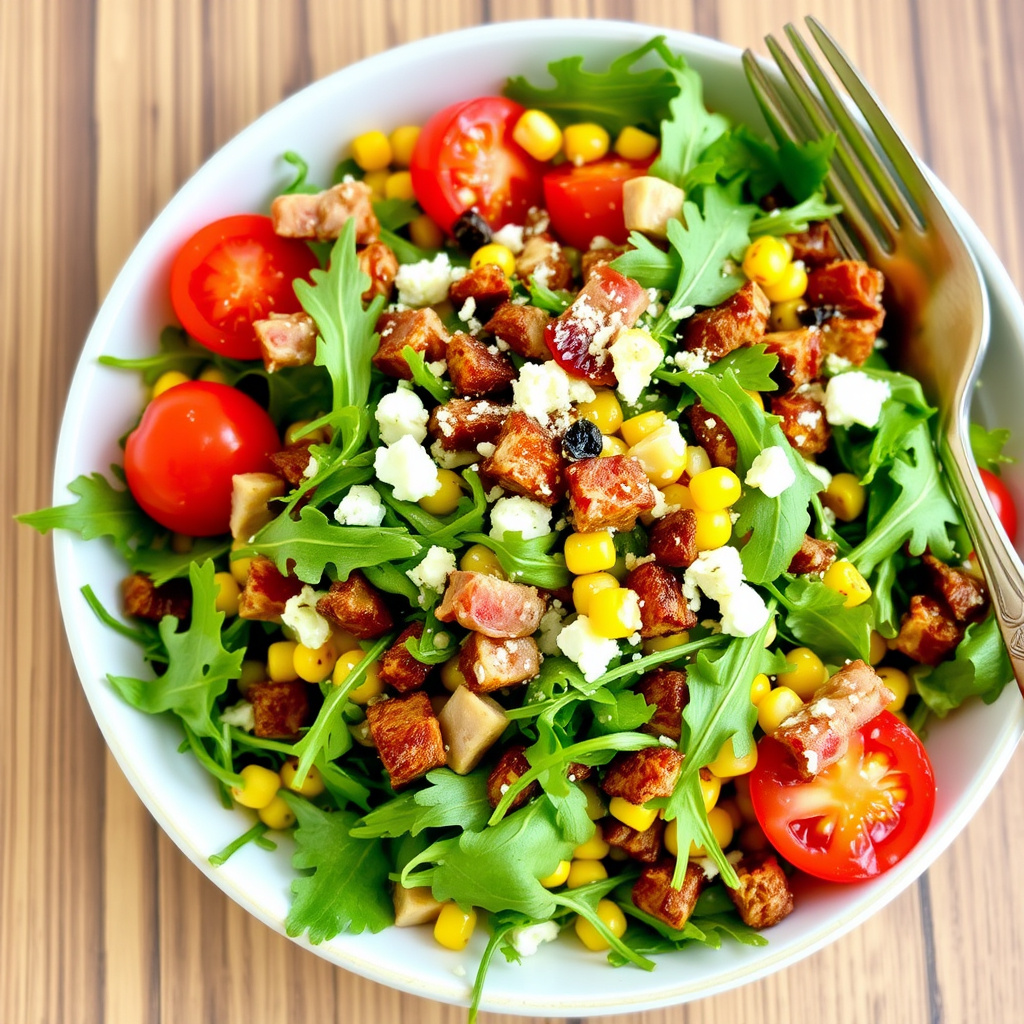 Baconsalat med ruccola, tomat og ovnsbakt mais