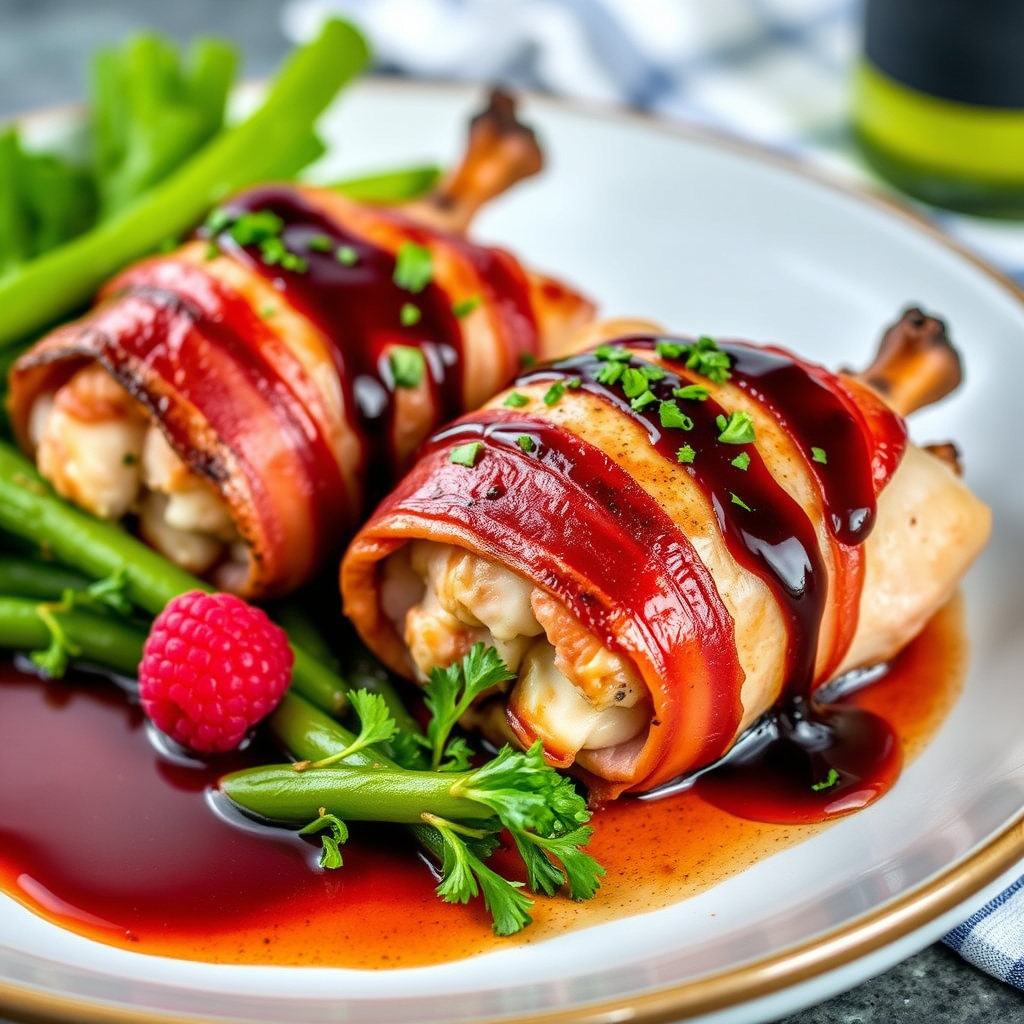 Baconskårede Cornish kyllinger med bringebær-balsamico glasur