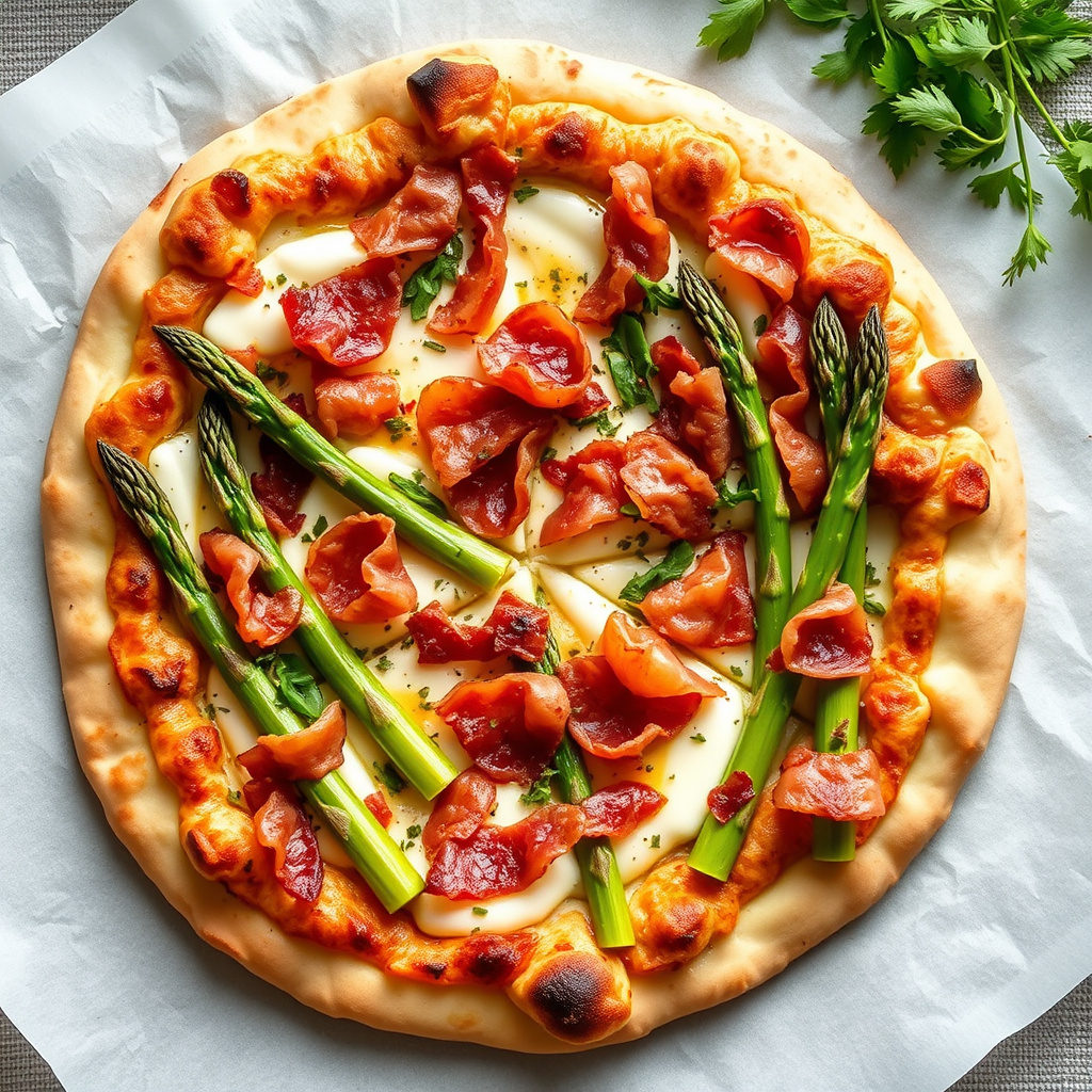 Pizza med bacon og asparges