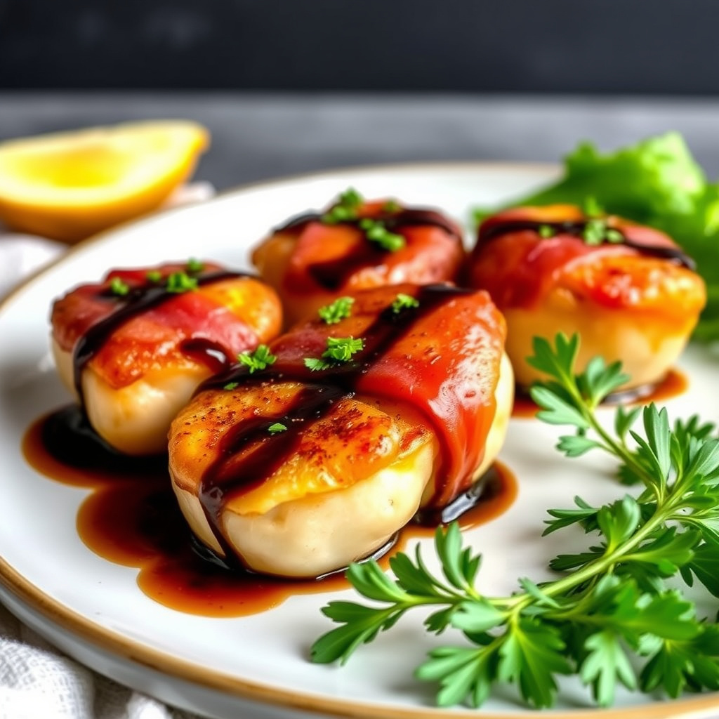 Baconsurret kamskjell dynket i balsamico