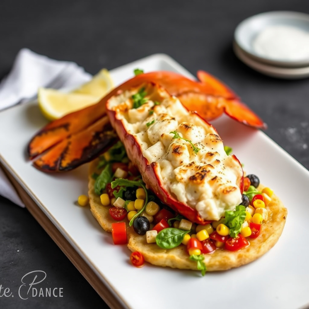 Bakt Maine-hummer på en potetgalette med mais, tomat og Dolce-salat