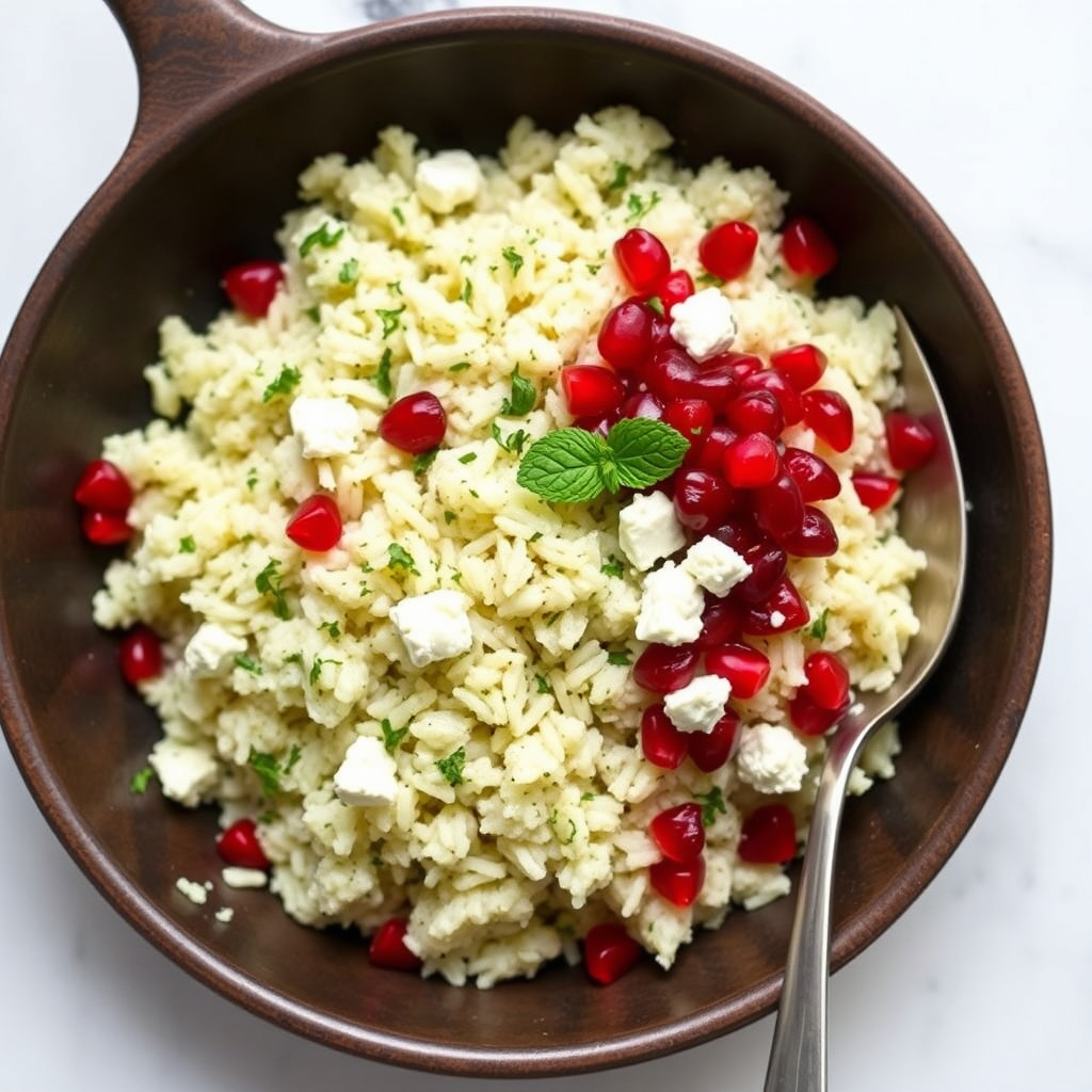 Bakt myntet ris med fetaost og granateplesalsa