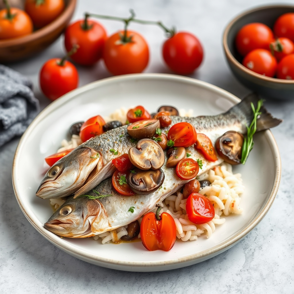 Bakt ørret med shiitakesopp, tomater og ingefær