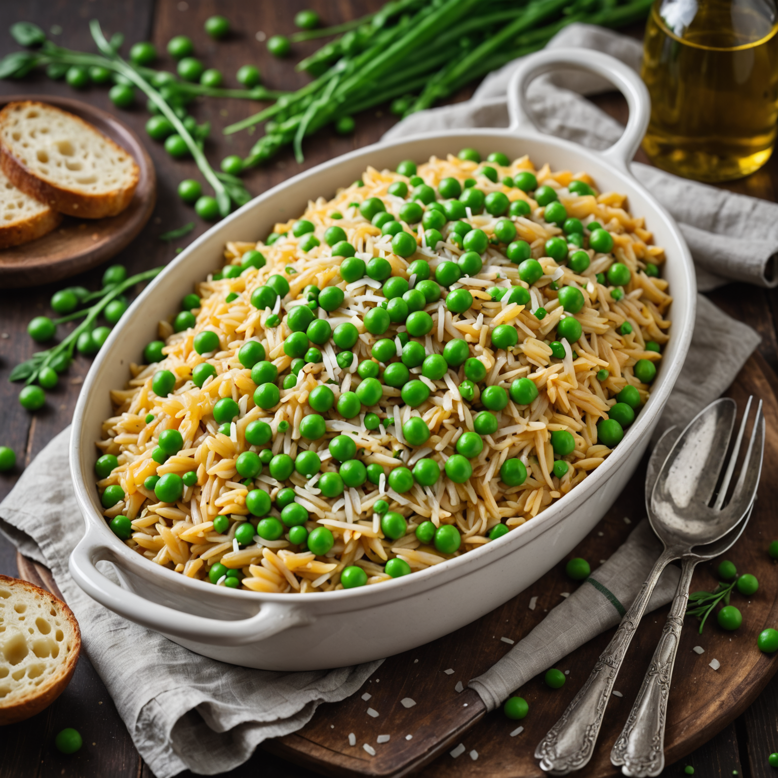 Bakt orzo med fontinaost og erter